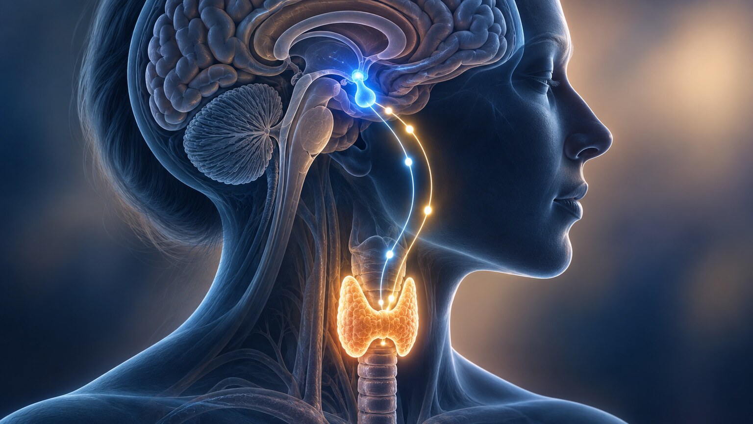 Scientific illustration of the pituitary gland signaling the thyroid gland in a feedback loop, shown as a thermostat-and-furnace relationship