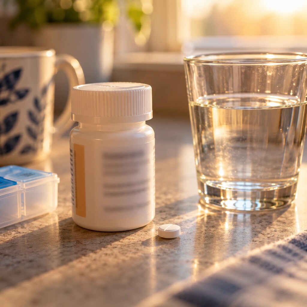 Close-up of a levothyroxine thyroid medication bottle and pill on a kitchen counter during a morning routine