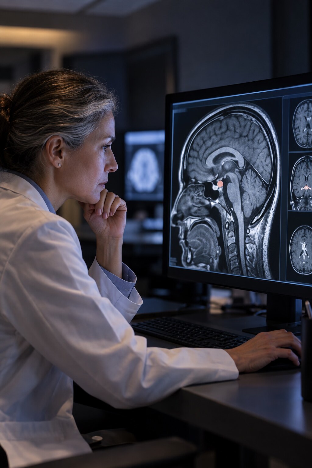 Radiologist reviewing a brain MRI scan focused on the pituitary gland region to evaluate a possible pituitary-related thyroid problem