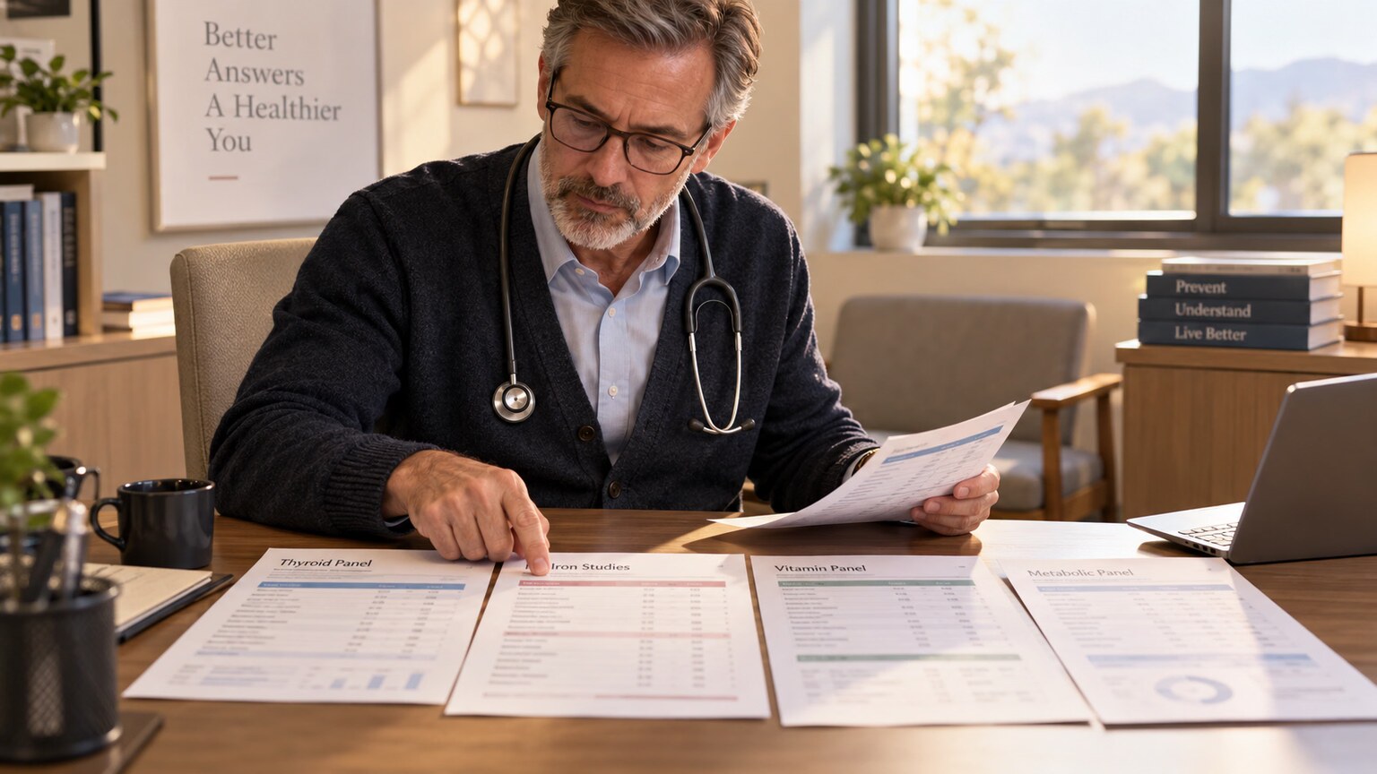 Doctor reviewing a broader set of lab results including iron and vitamin levels alongside thyroid labs to investigate unexplained fatigue