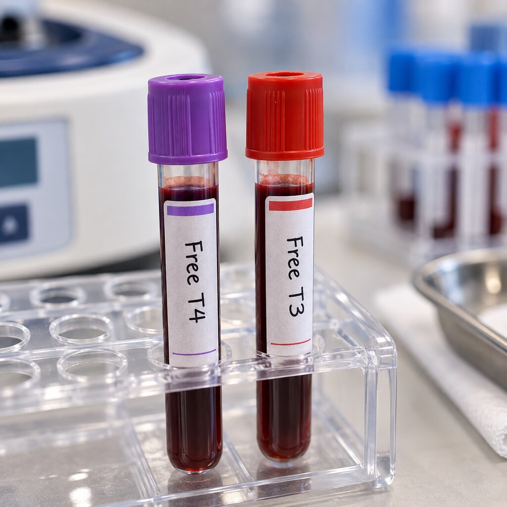 Close-up of labeled free T4 and free T3 blood collection tubes used to look past TSH alone when it doesn't match reported symptoms