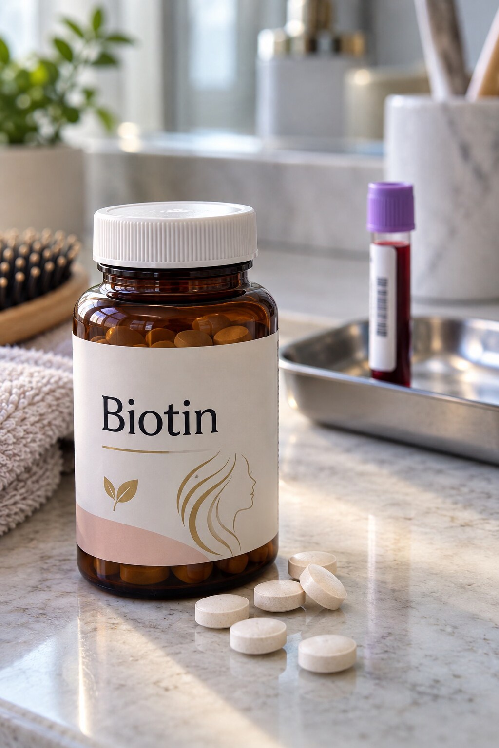 Biotin supplement bottle sitting on a bathroom counter next to a blood collection tube, illustrating a common cause of falsely low TSH results