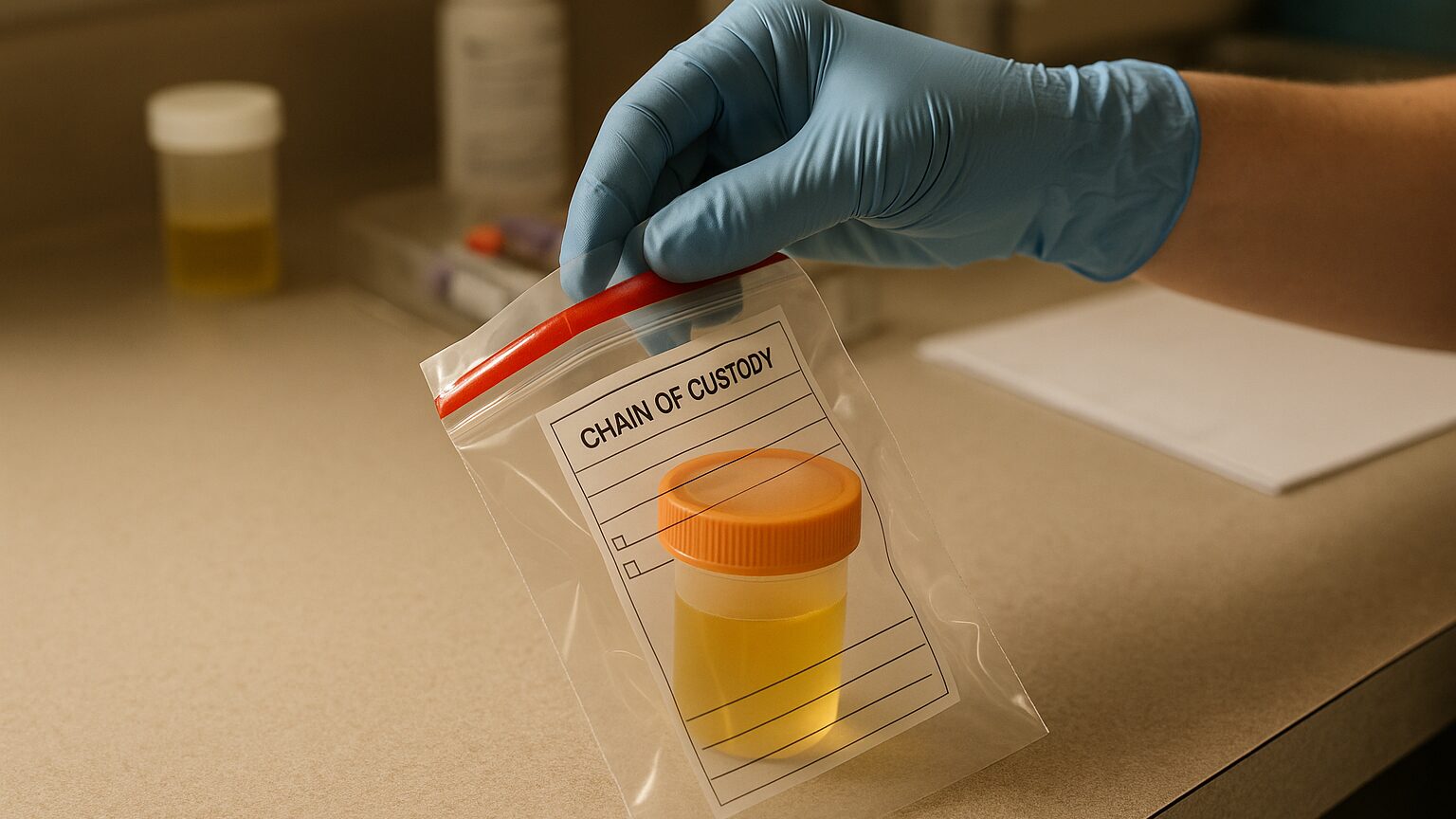 A gloved hand sealing a tamper-evident bag around a urine specimen cup with a chain-of-custody label, on a clinic countertop