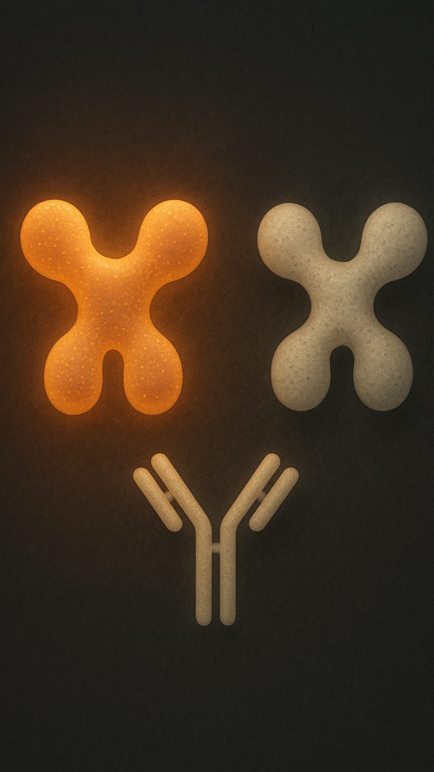 Scientific illustration comparing two similarly shaped molecular structures side by side, representing how a screening antibody can mistake one for the other