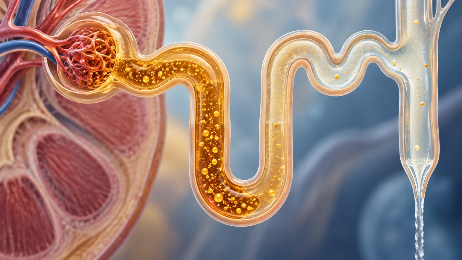Scientific illustration of a kidney nephron adjusting how concentrated or diluted urine becomes based on water intake