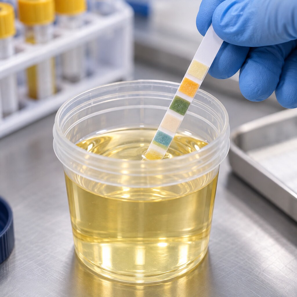 Close-up of a urinalysis reagent strip being dipped into a collection cup to check specific gravity and creatinine levels