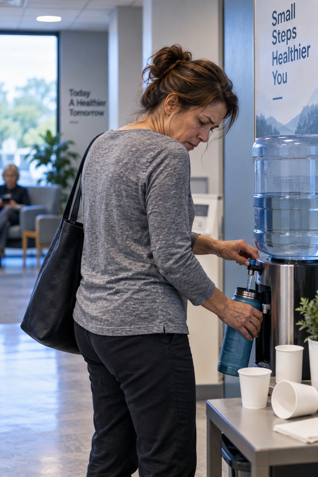 Person anxiously refilling a water bottle multiple times at a water cooler before a scheduled drug test appointment