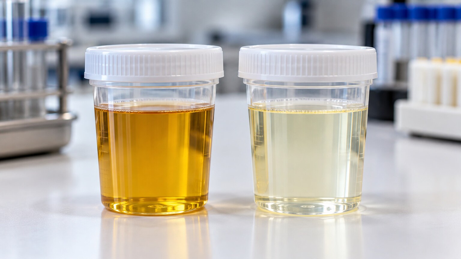 Side-by-side comparison of a normally concentrated urine sample and an overly diluted, nearly clear sample in matching collection cups