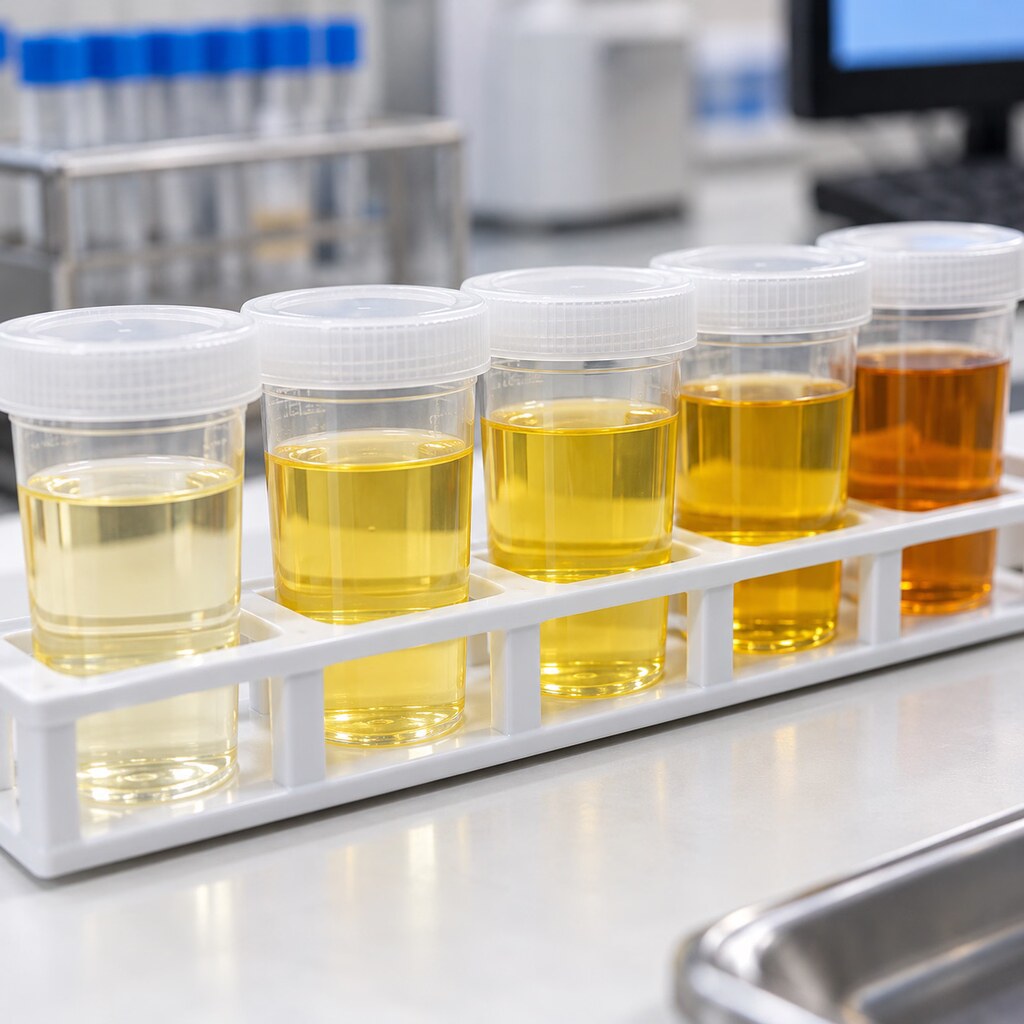 Row of labeled urine sample cups in a laboratory rack awaiting creatinine and specimen validity testing