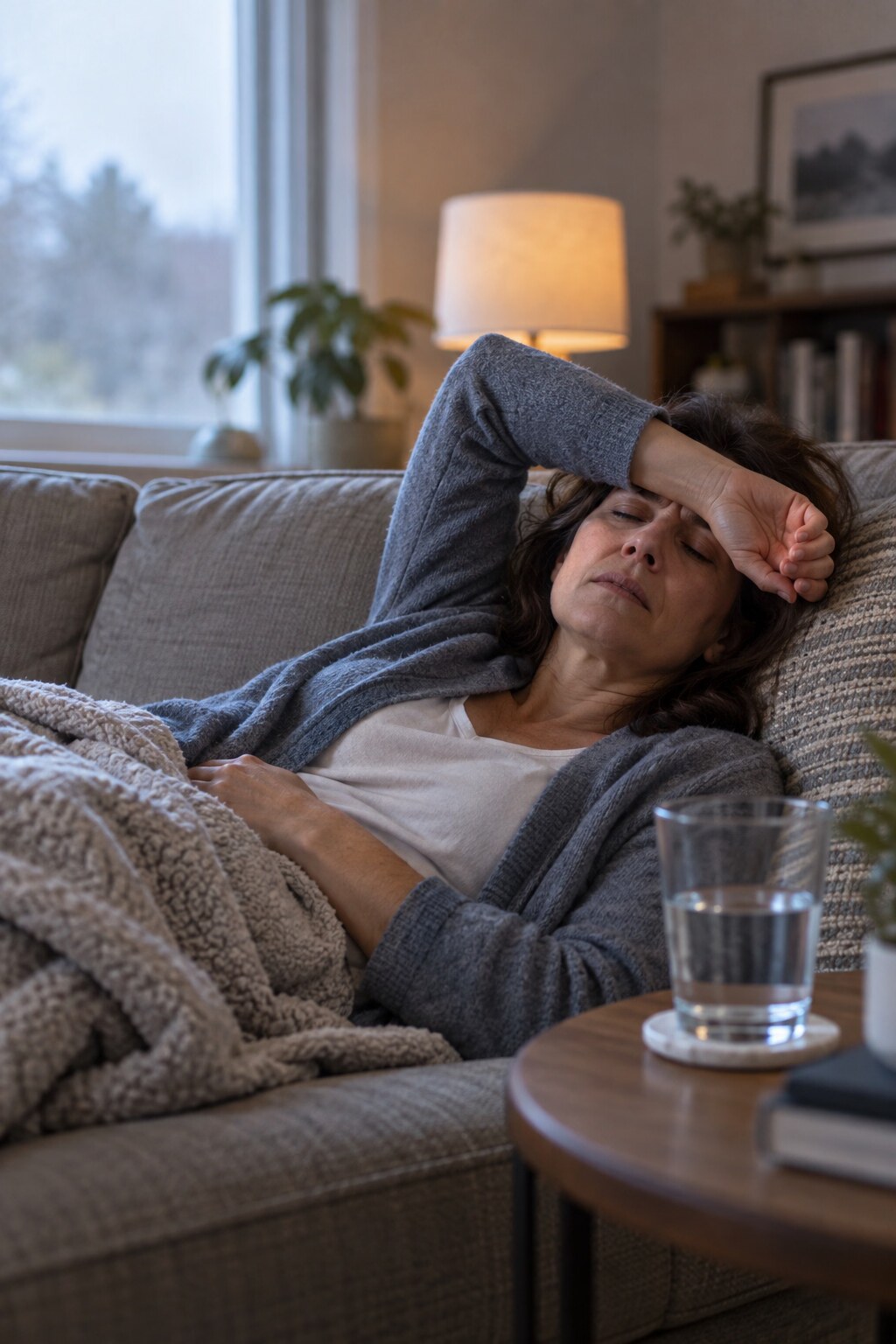 Person lying down with a headache and a glass of water nearby, feeling unwell after drinking an excessive amount of water