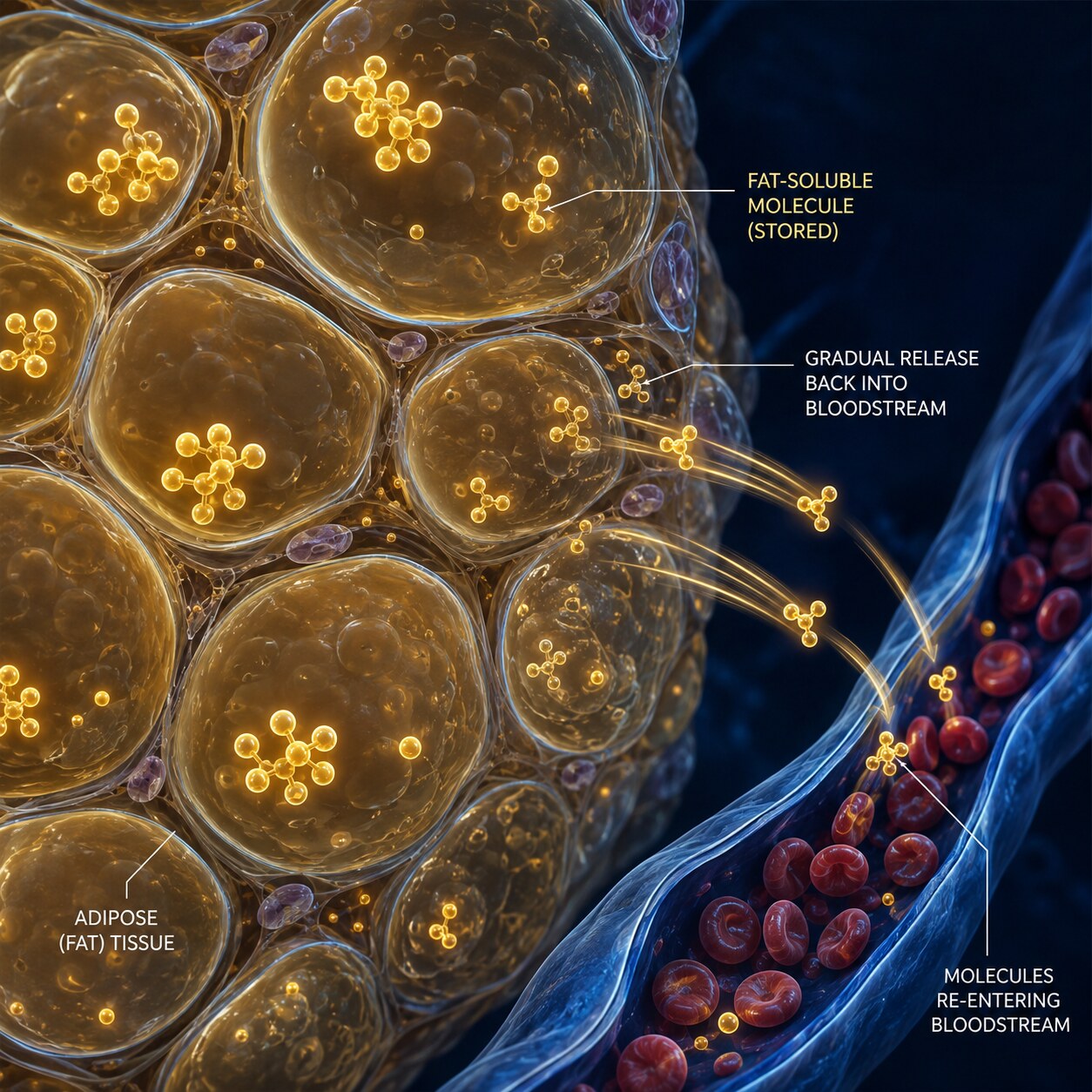 Scientific illustration of fat-soluble compound molecules stored within adipose tissue cells, gradually releasing back into the bloodstream over time