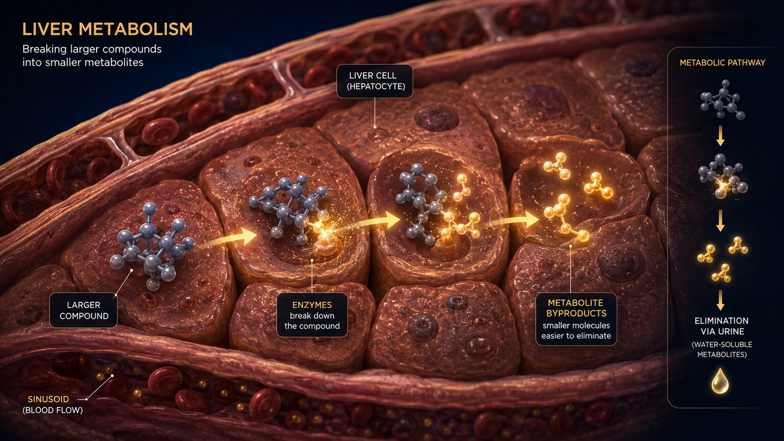 Scientific illustration of liver cells actively metabolizing and breaking down stimulant molecules into detectable byproducts