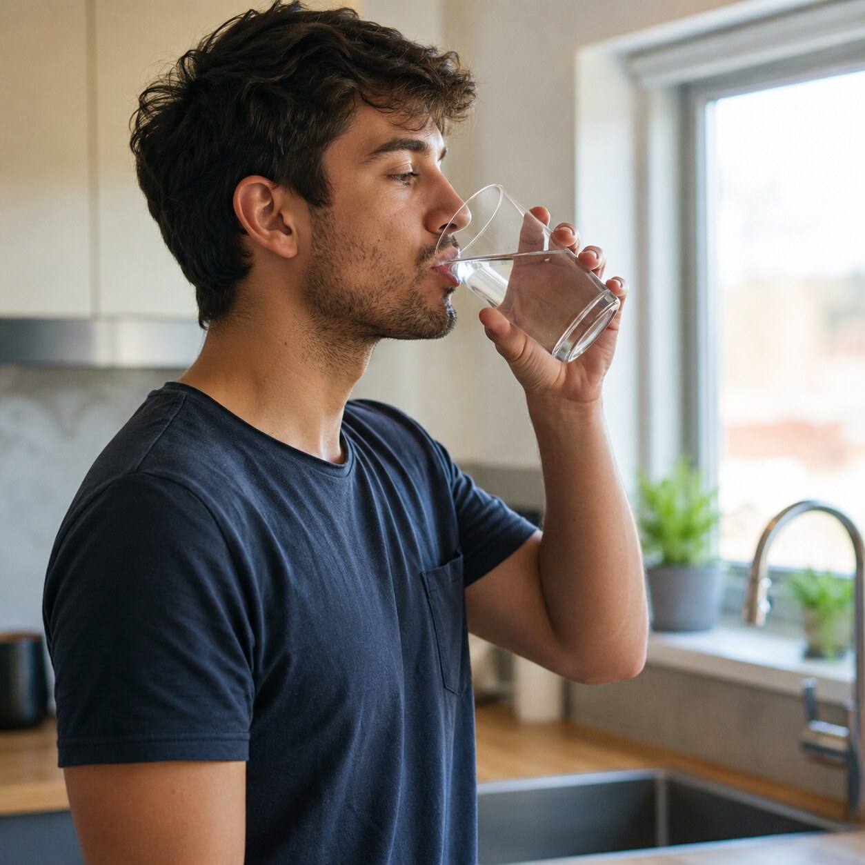 Person drinking a glass of water at a kitchen counter, representing hydration status as one of several individual factors affecting detection windows