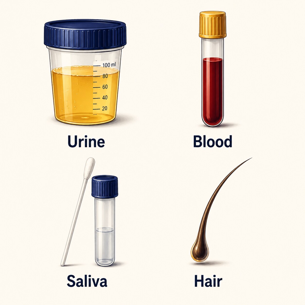 Illustration comparing four different specimen collection types used for drug testing, each with a distinct detection window