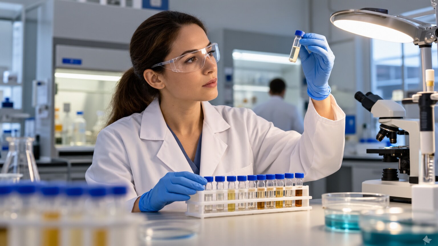 Laboratory chemist analyzing specimen vials for adulterant chemicals