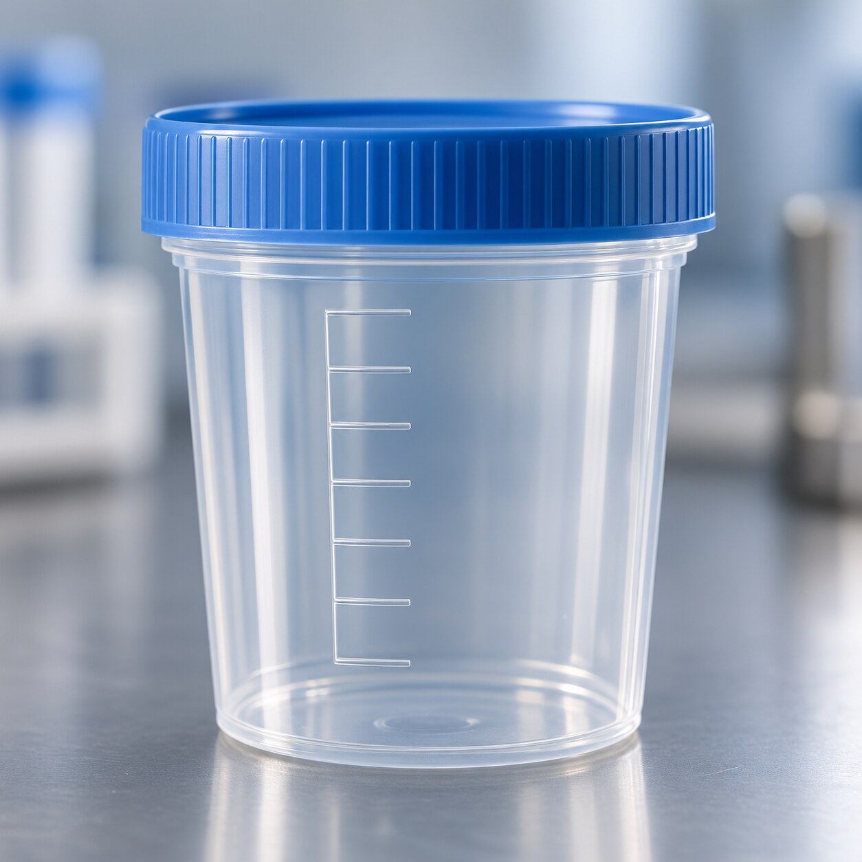 Specimen collection cup showing a minimum fill measurement line