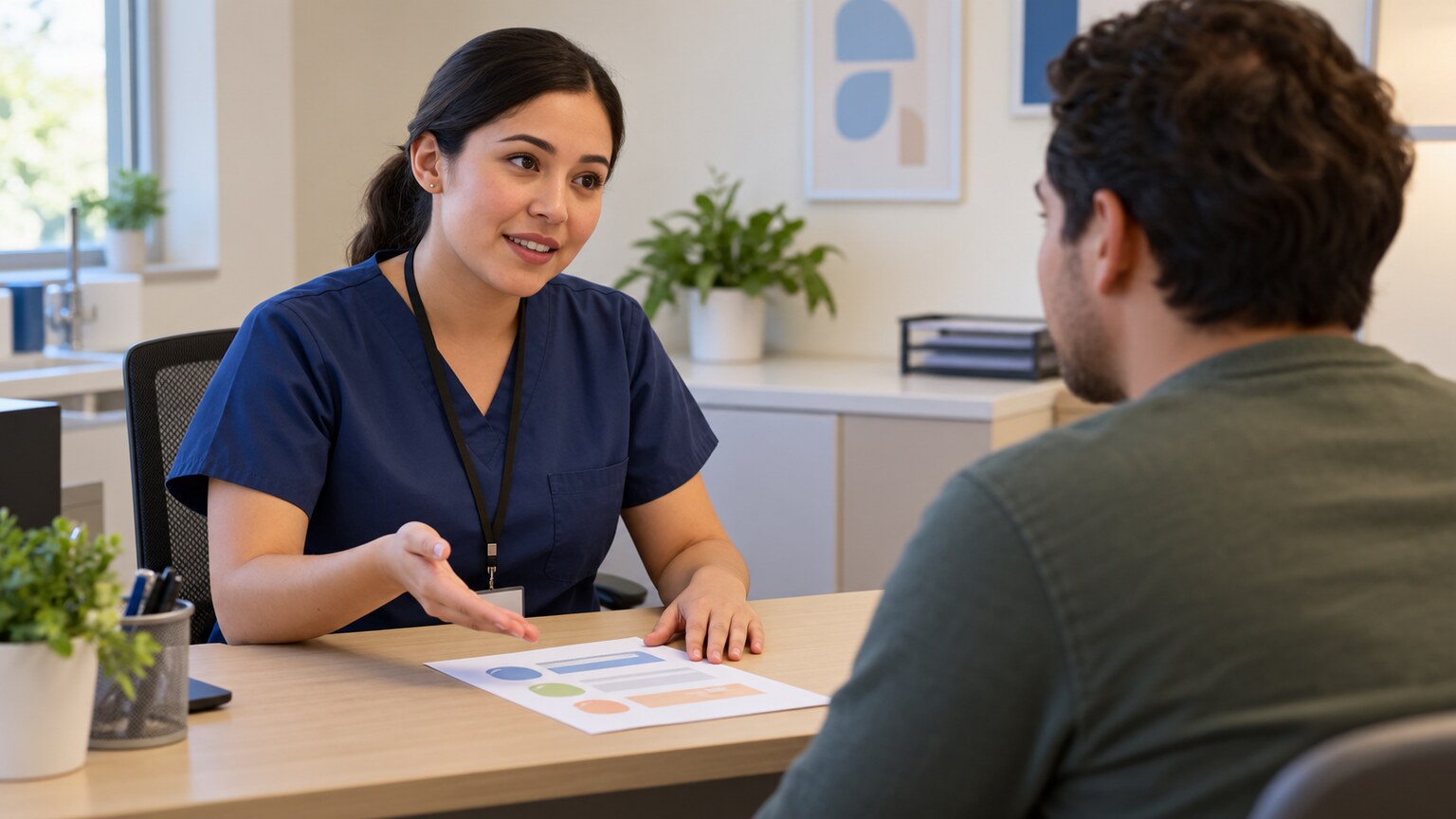Collection staff member explaining the recollection process to a patient at a testing facility