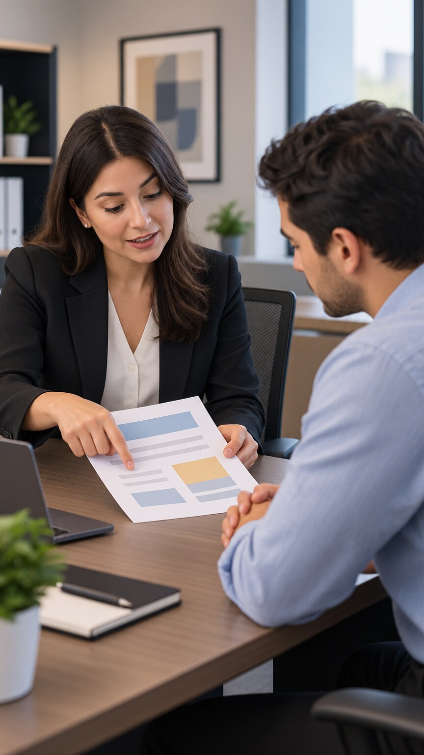 Human resources representative discussing a workplace policy document with an employee