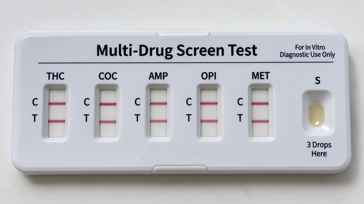 Close-up of a multi-lane urine drug test cassette showing five separate labeled result windows for different drug classes tested simultaneously