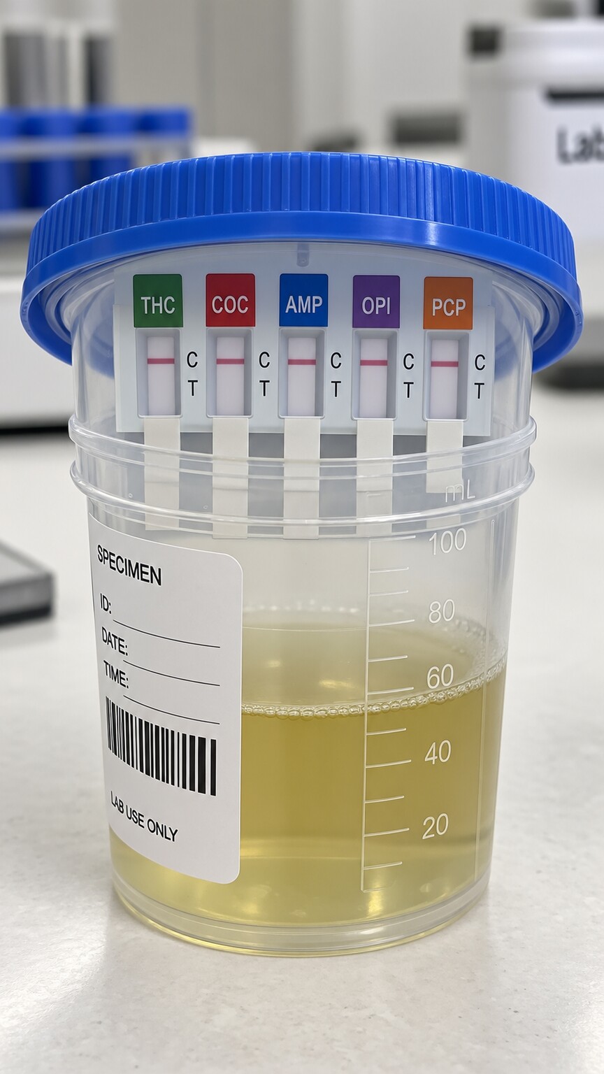 A standard integrated urine collection cup with five labeled test strips built into the lid, each marked with a different drug class abbreviation