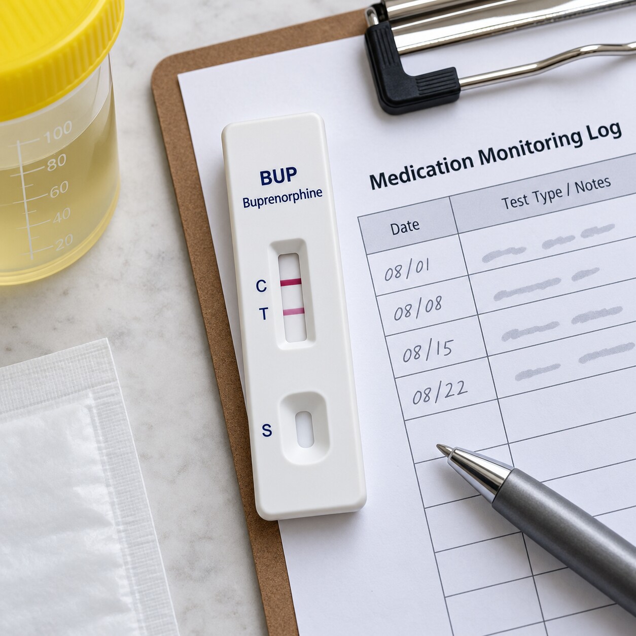 A single-lane test cassette labeled specifically for buprenorphine, used to confirm a patient is taking their prescribed addiction treatment medication