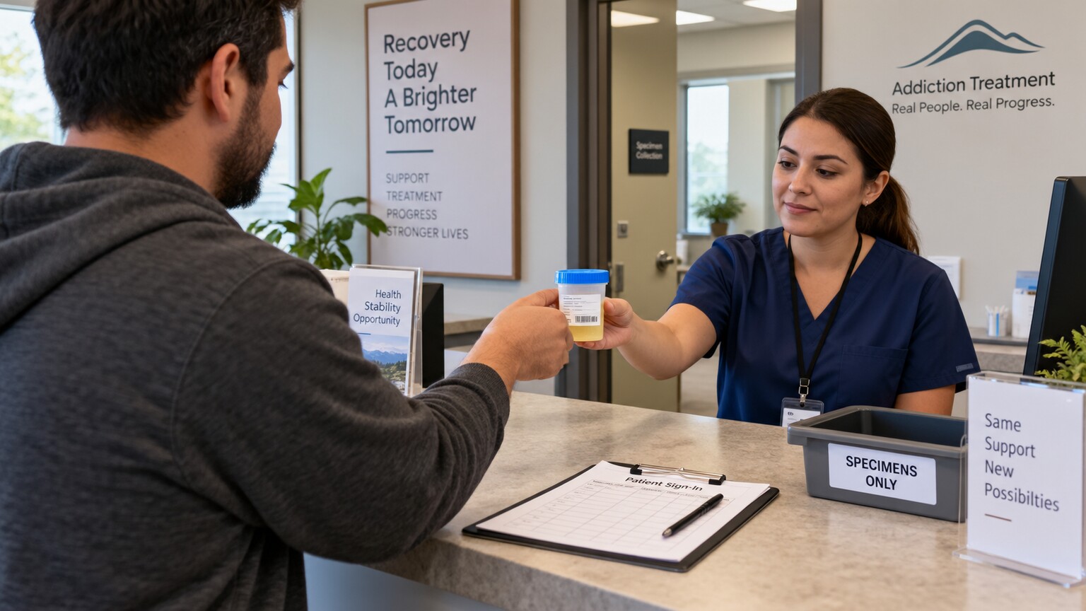 A patient handing a labeled urine sample to a technician at an addiction-treatment clinic counter for routine buprenorphine compliance monitoring