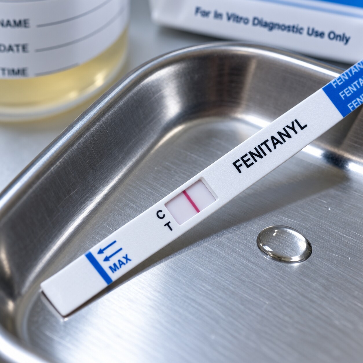Close-up of a small dedicated fentanyl immunoassay test strip, distinct from a standard opiate panel line