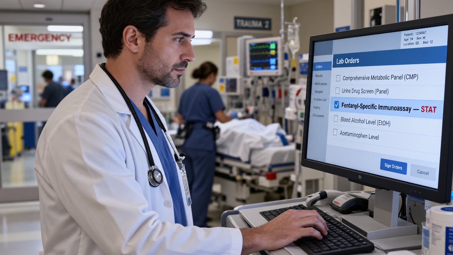 An emergency room physician reviewing a rapid fentanyl-specific toxicology order for a patient with suspected opioid overdose