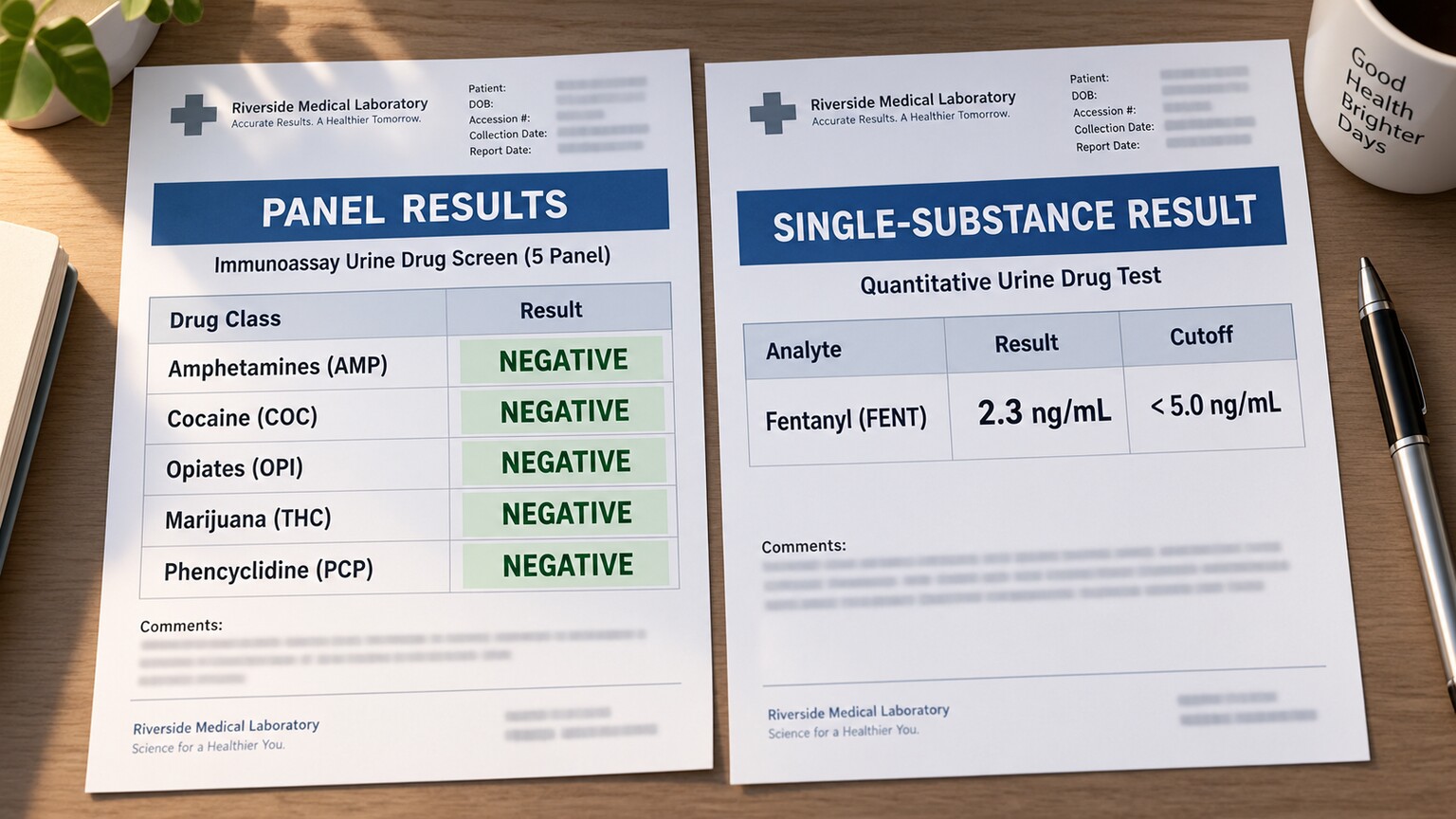 Side-by-side comparison of a multi-substance panel report showing simple positive-negative results and a single-substance report showing a precise numeric concentration
