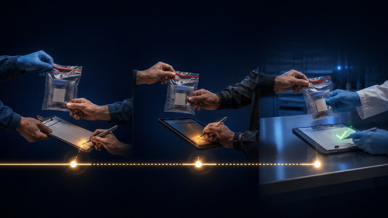 Illustration of a documented handoff sequence showing a specimen passing from collector to courier to laboratory technician with a signature at each step