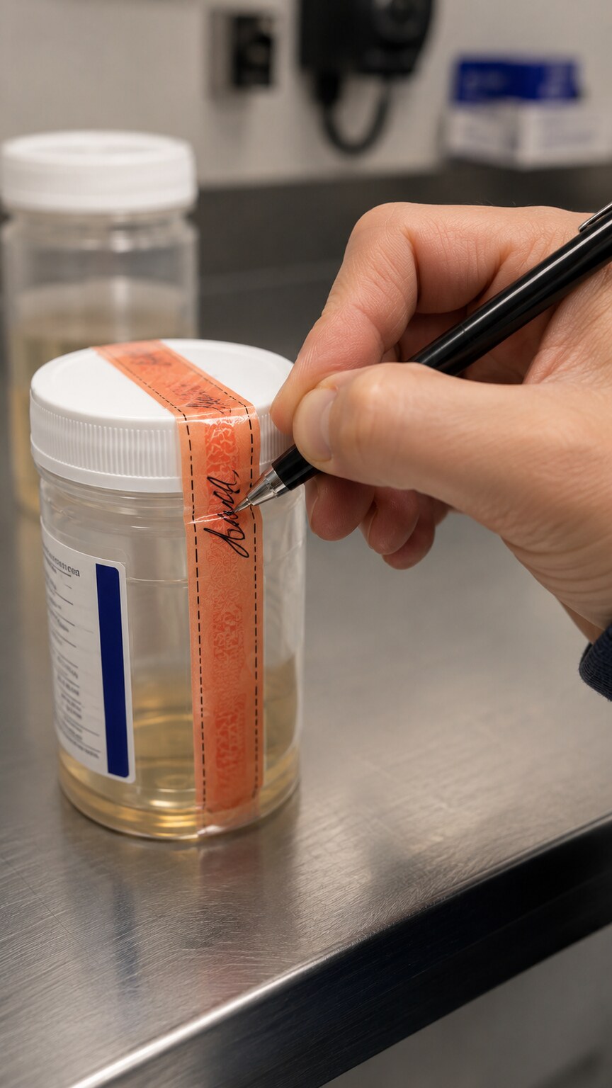 A donor's hand writing initials across a tamper-evident seal strip stretched over a sealed specimen bottle cap