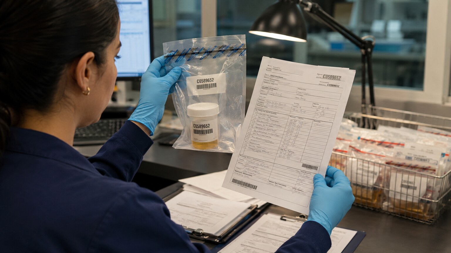 A laboratory receiving clerk examining an incoming sealed specimen kit's tamper-evident seal against its accompanying custody and control form
