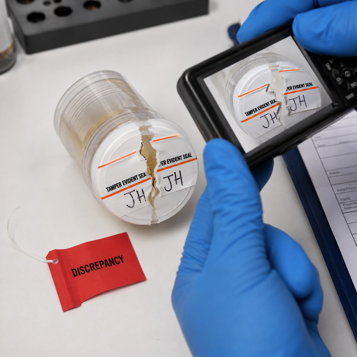 A visibly torn tamper-evident seal on a specimen bottle being flagged and photographed as a documented discrepancy