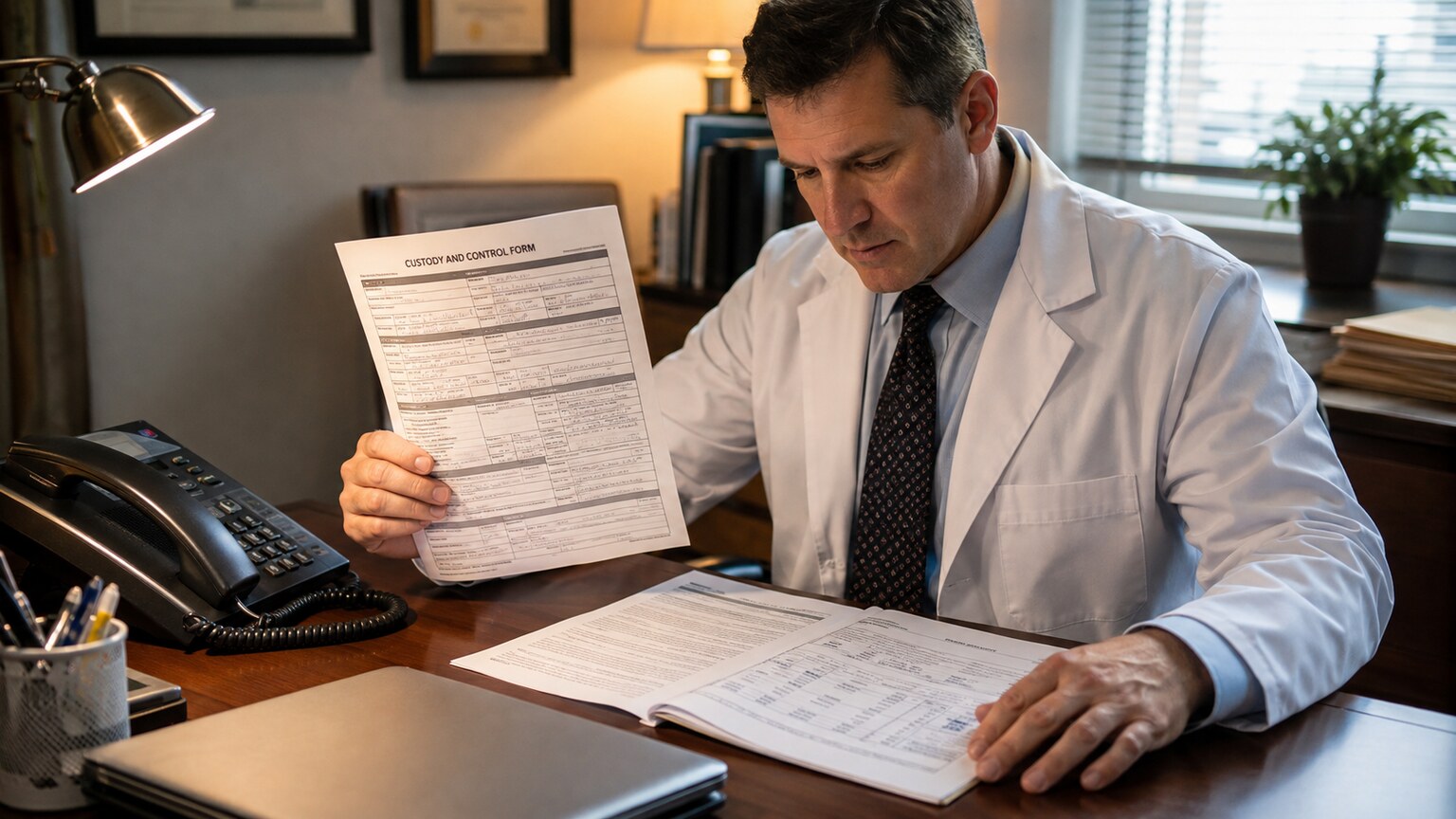A medical review officer at a desk reviewing a printed custody and control form alongside laboratory results before finalizing a determination