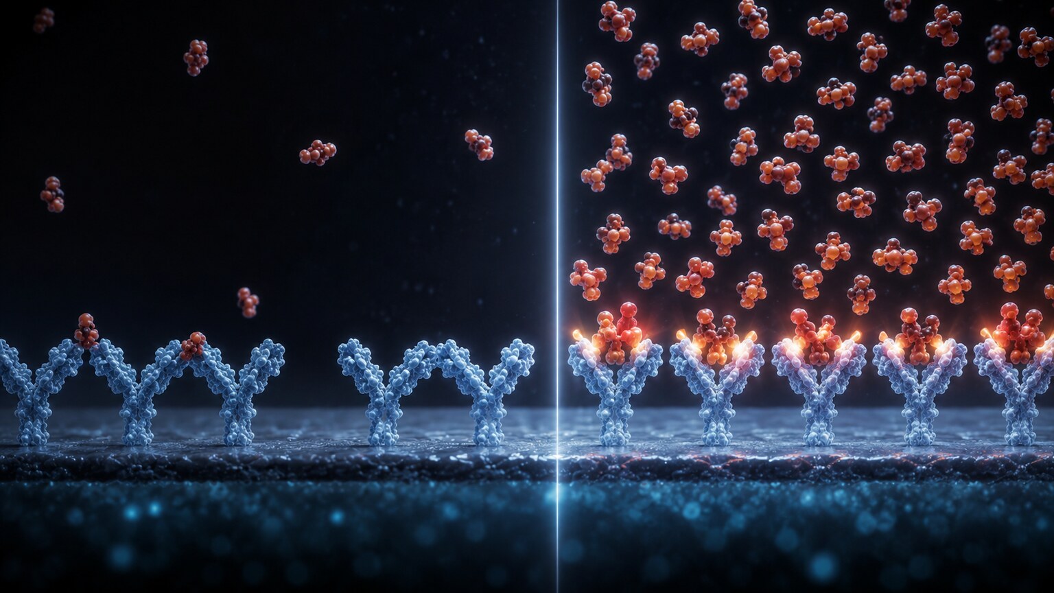 Scientific illustration of antibody molecules binding to drug metabolite molecules once concentration crosses a detection threshold