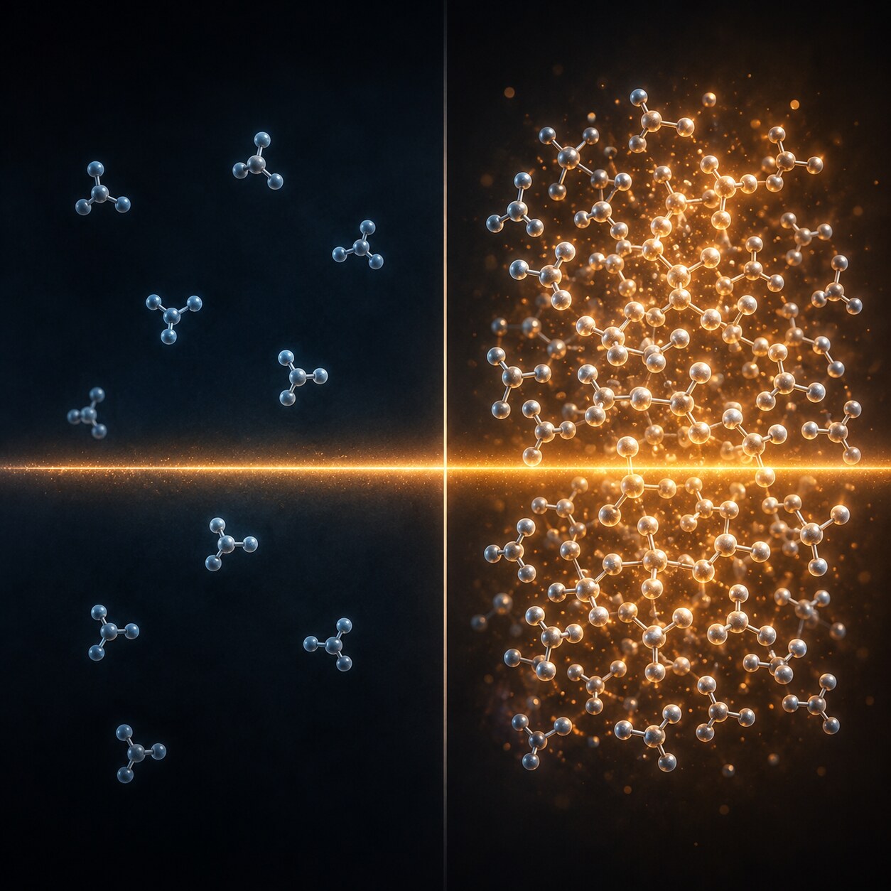 Scientific illustration comparing a sparse scatter of trace molecules below a threshold line to a dense cluster above it