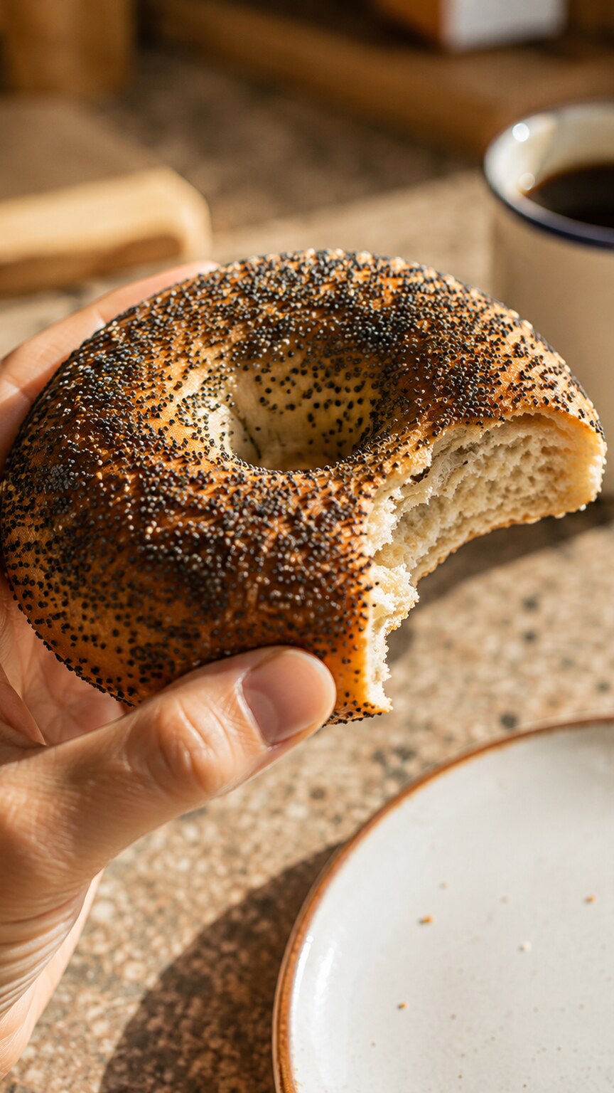 Close-up of a hand holding a poppy seed bagel with a bite taken out, showing the seeds embedded in the crust