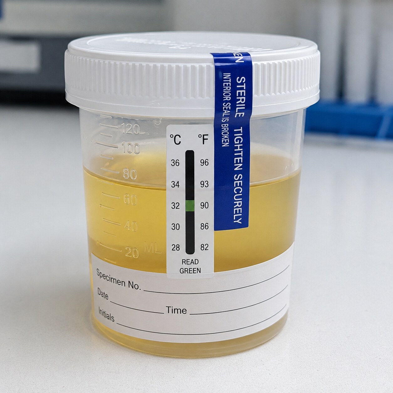 Urine specimen collection cup with an attached temperature indicator strip used to verify sample validity