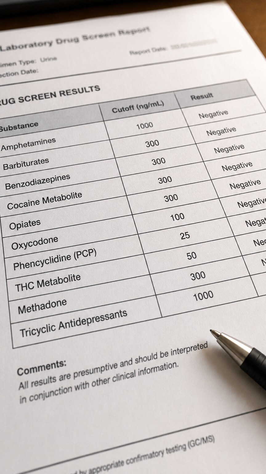 Printed laboratory drug test report showing a table of substances tested alongside their specific cutoff values in ng/mL