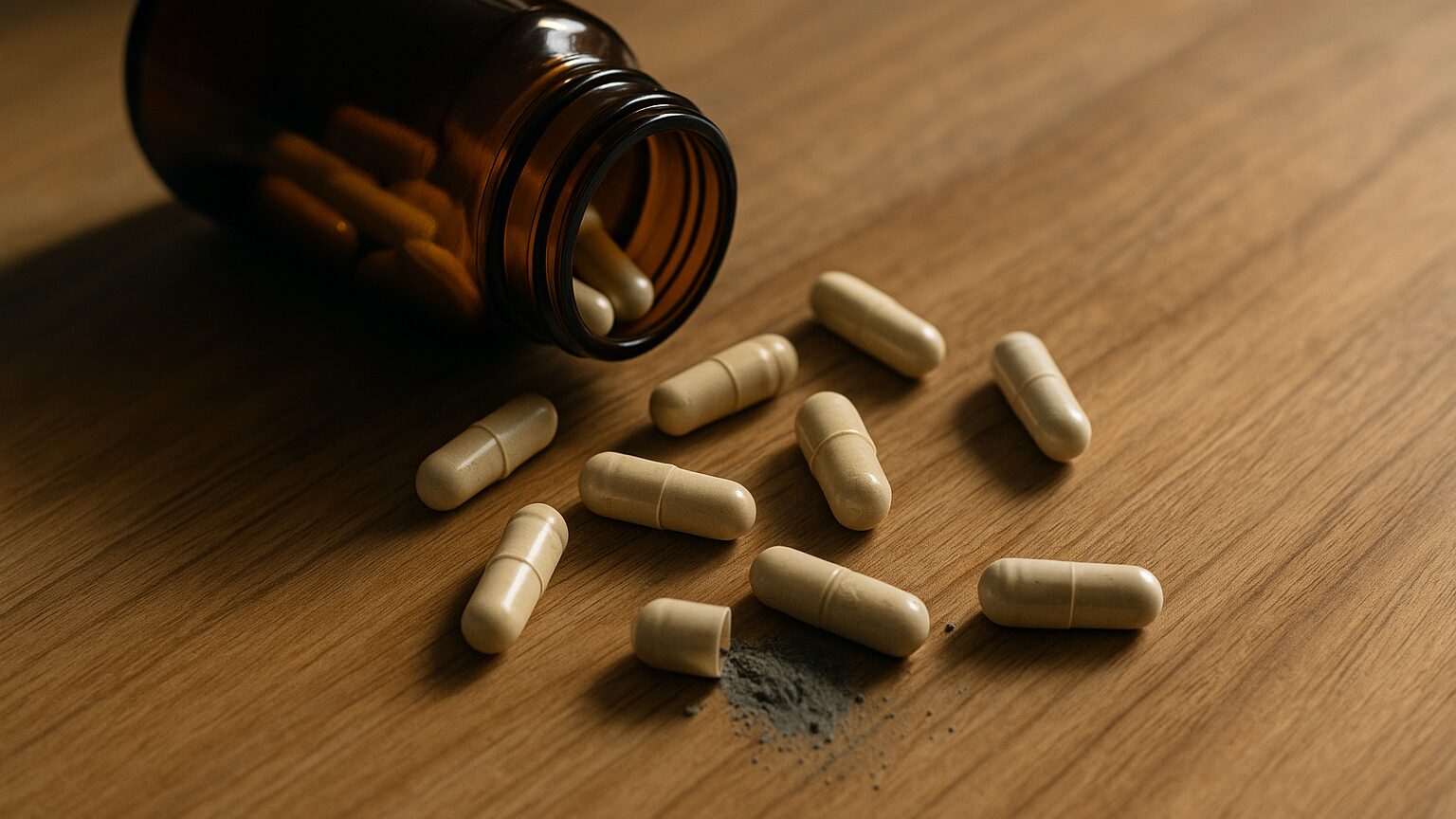 Supplement capsules spilled from a tipped-over amber bottle on a wooden counter, with one capsule cracked open revealing fine gray metallic-looking powder