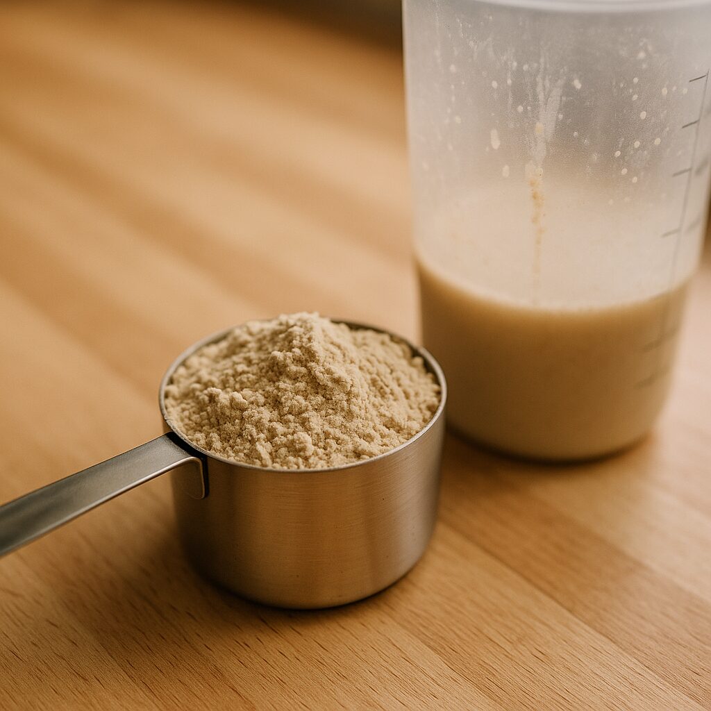 A stainless steel scoop level with pale tan plant-based protein powder resting beside a half-filled shaker bottle on a kitchen counter