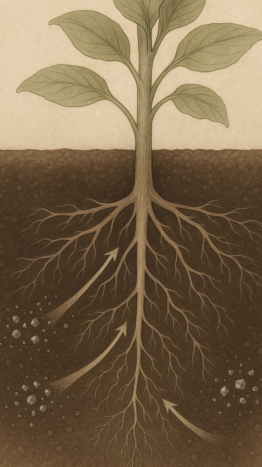 Scientific illustration of a plant root system in soil, with fine metallic-toned mineral particles being drawn upward through the root hairs into the stem