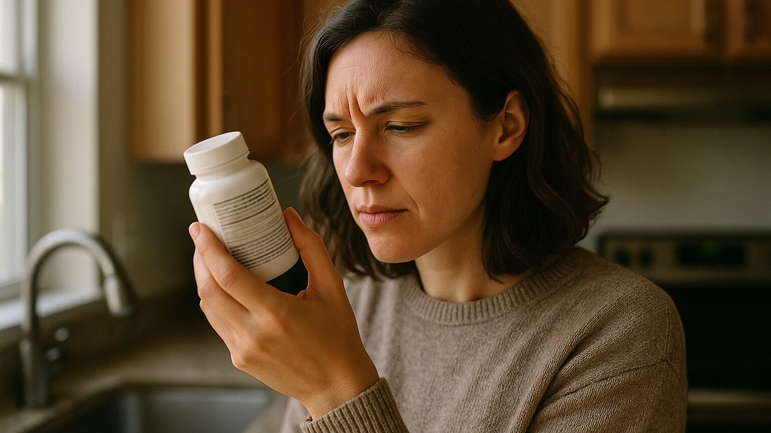 A person in their thirties standing in a sunlit kitchen, holding a supplement bottle close to read the fine print on the back label