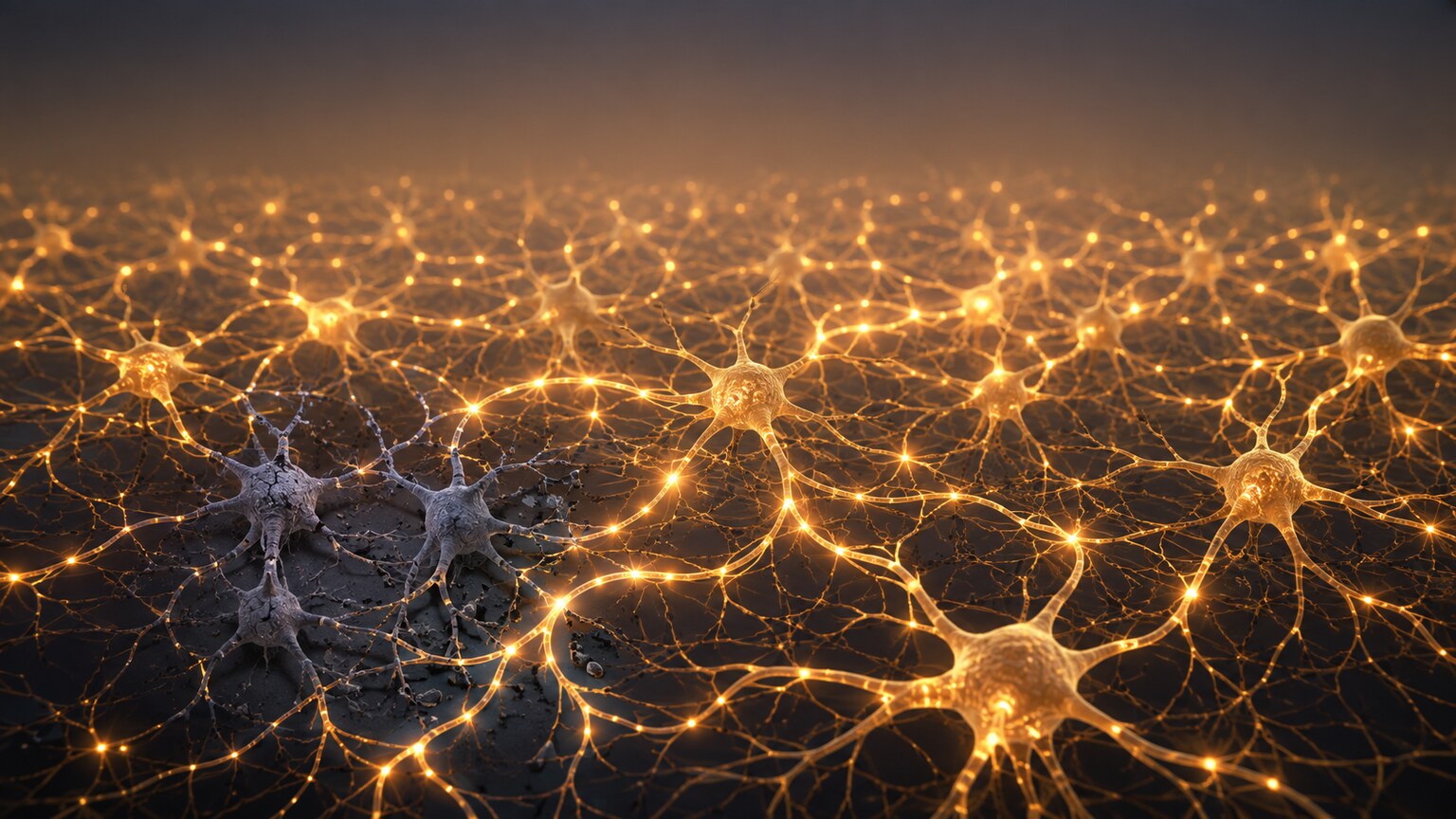 Scientific illustration of a neural network with a small cluster of damaged neurons while surrounding healthy neurons compensate for the loss