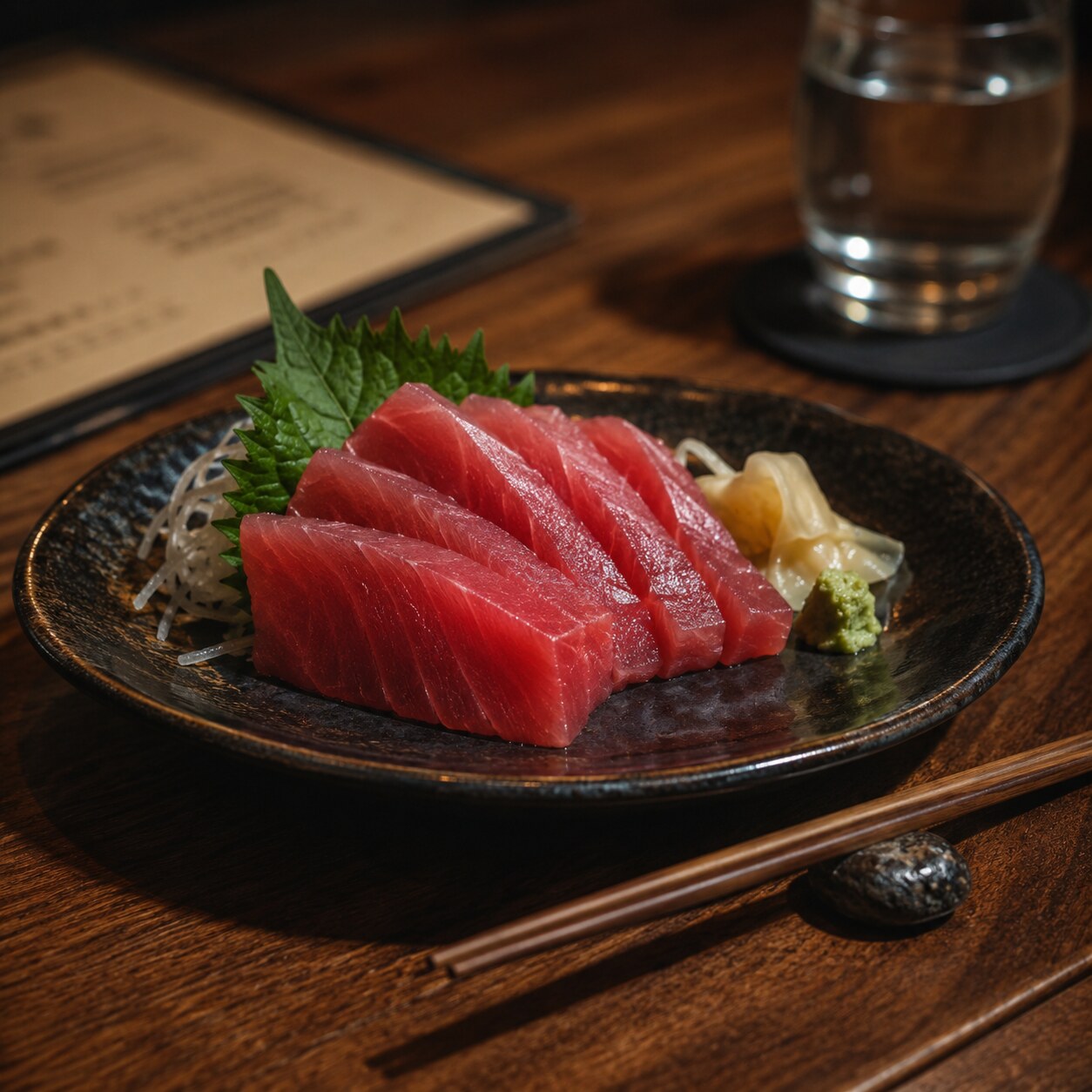 Plate of tuna sashimi at a restaurant table, a common ongoing dietary source of organic methylmercury exposure