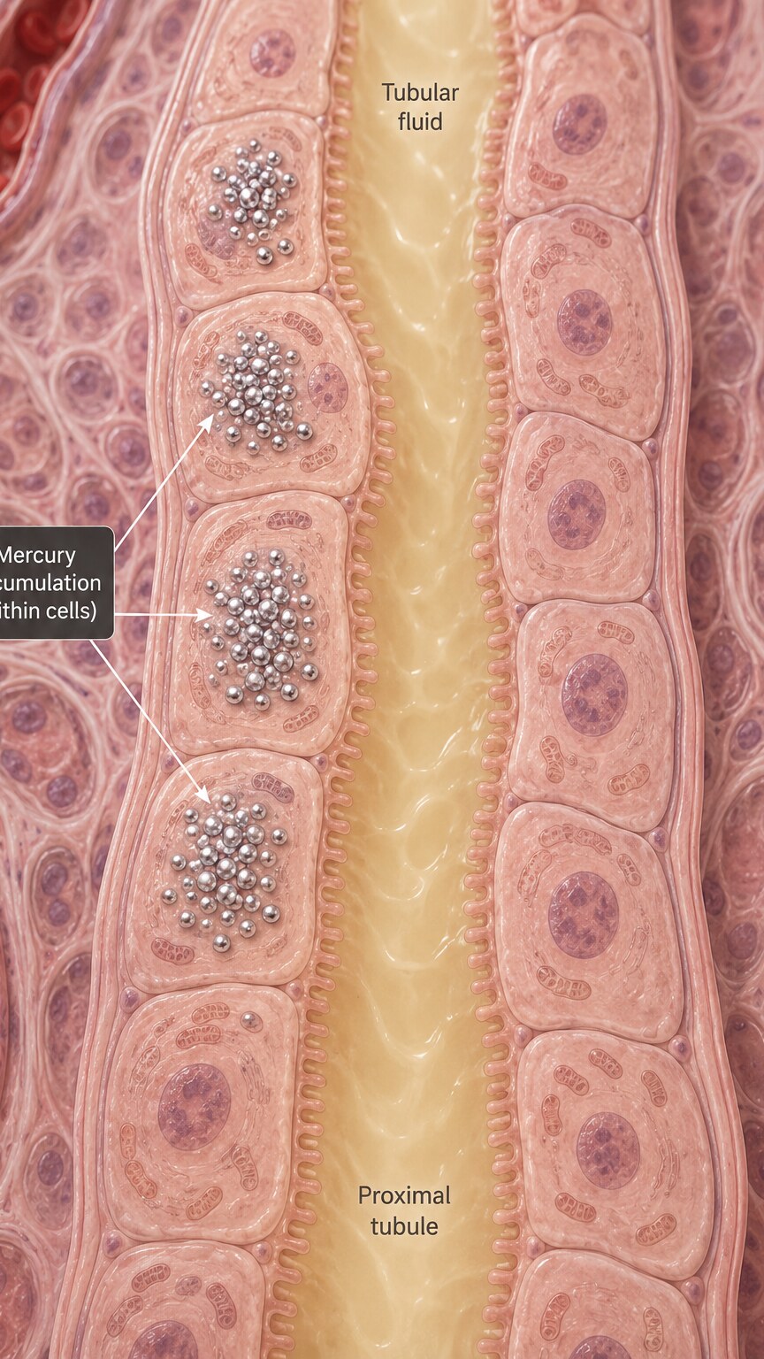 Scientific illustration of mercury ions quietly accumulating inside kidney tubule cells with no visible inflammation or tissue damage yet apparent