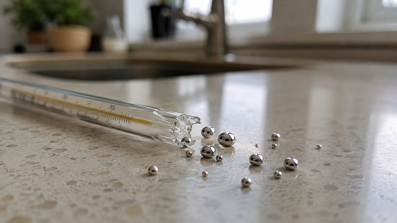 Broken glass mercury thermometer with small silvery liquid mercury beads scattered on a countertop