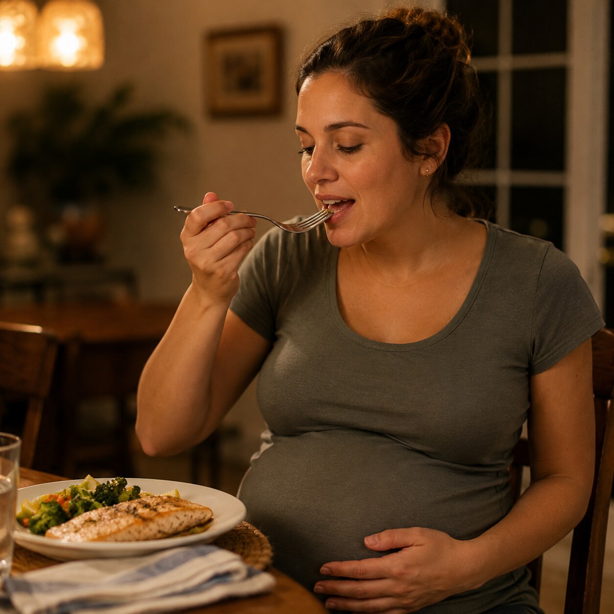 Visibly pregnant woman eating a fish dinner at home, relevant to prenatal methylmercury exposure that produces no symptoms at the time