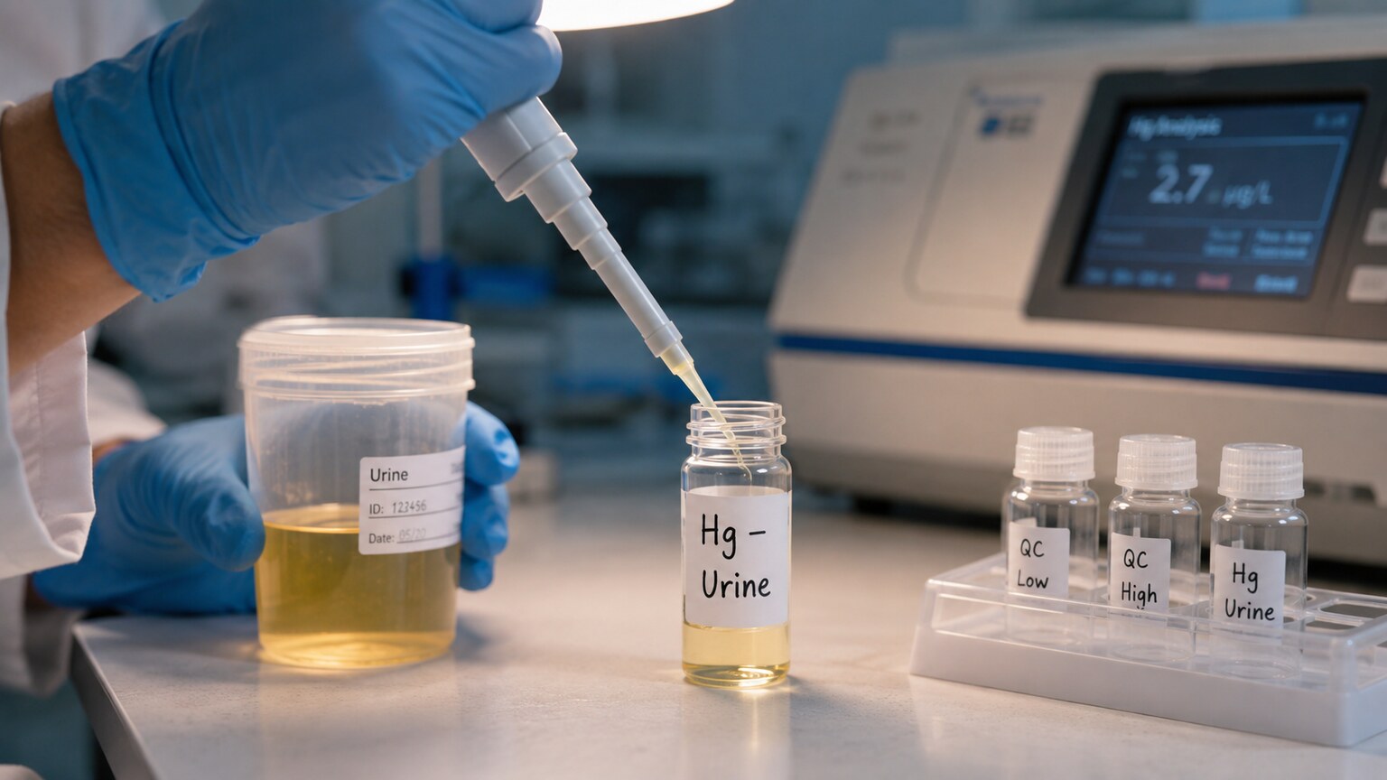 Laboratory technician pipetting a urine sample into a test vial labeled for mercury testing