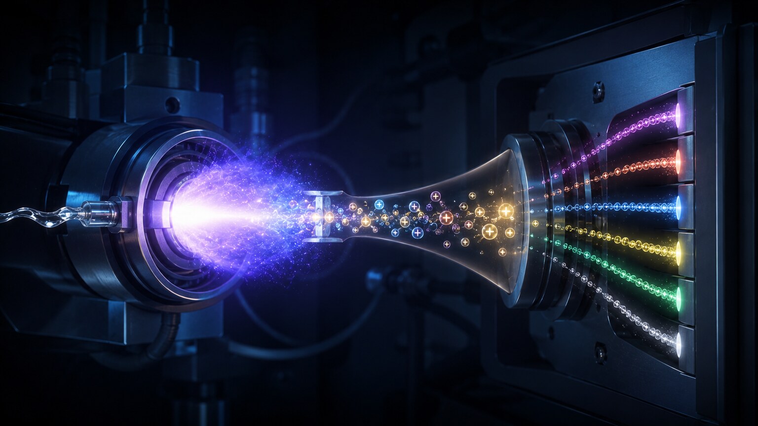 Illustration of a sample being vaporized into charged particles inside a mass spectrometer's argon plasma torch